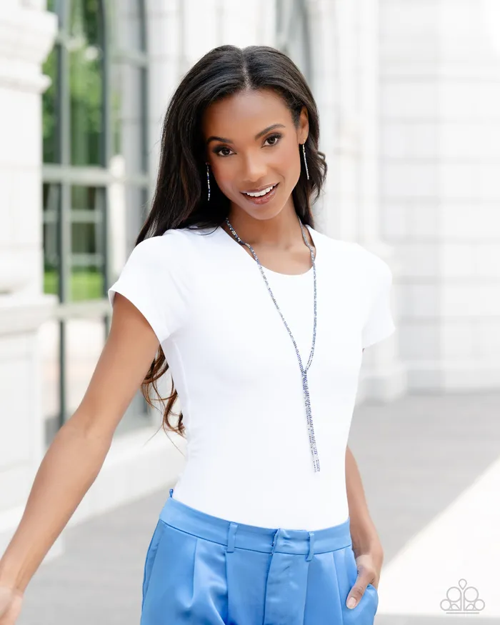 Necklaces Paparazzi Accessories Jazz STRANDS Blue and White Rhinestone Silver Y Long Necklace 2023 Convention Exclusive Paparazzi