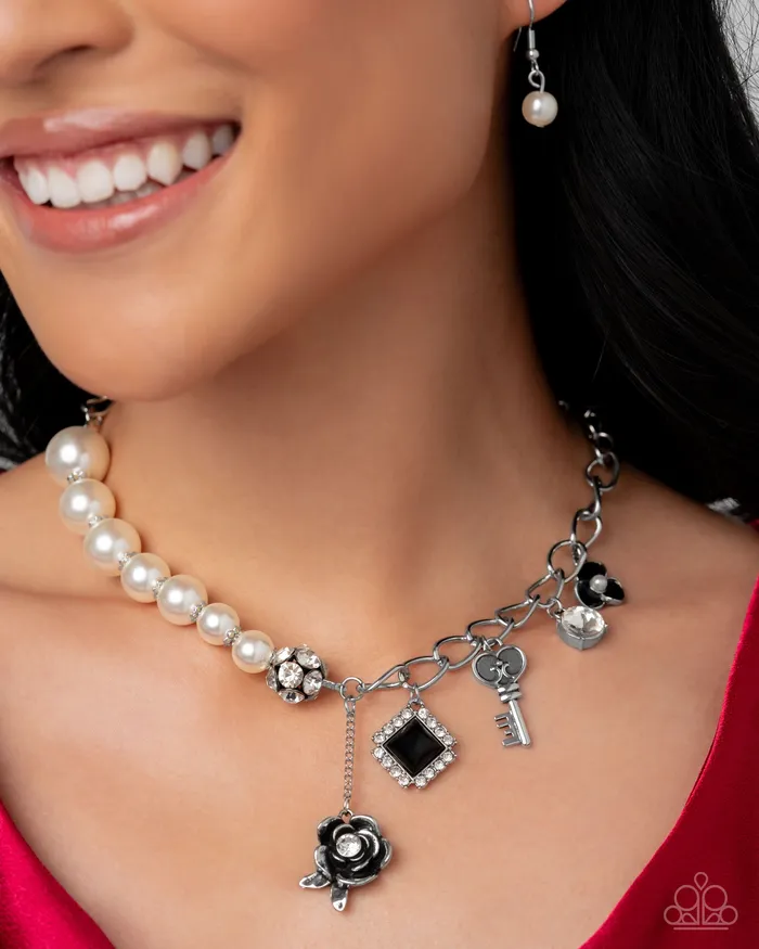 Necklaces Paparazzi Accessories Pearly Pedigree Black Rose Gem Silver Key Flower Short Necklace Pink Friday Exclusive Paparazzi