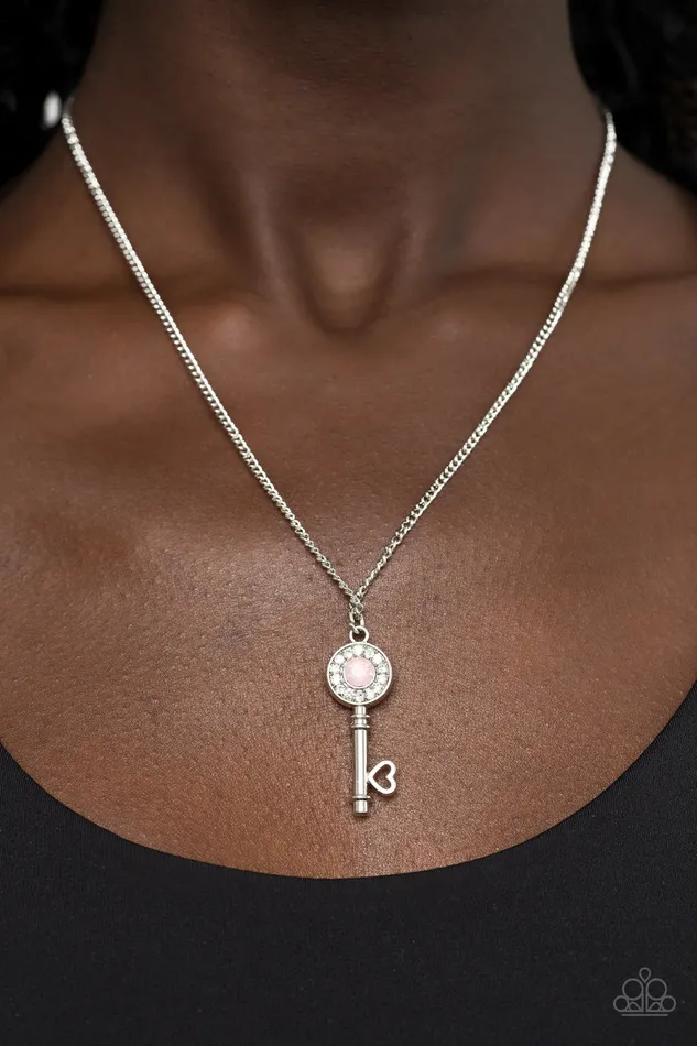 Necklaces Paparazzi Accessories Prized Key Player Pink Opal White Rhinestone Silver Key Necklace Paparazzi