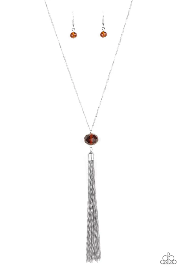 Necklaces Paparazzi Accessories Socialite of the Season Brown Crystal Bead Silver Tassel Necklace Paparazzi