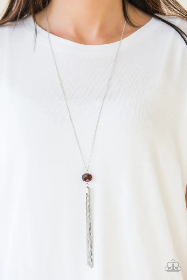 Necklaces Paparazzi Accessories Socialite of the Season Brown Crystal Bead Silver Tassel Necklace Paparazzi