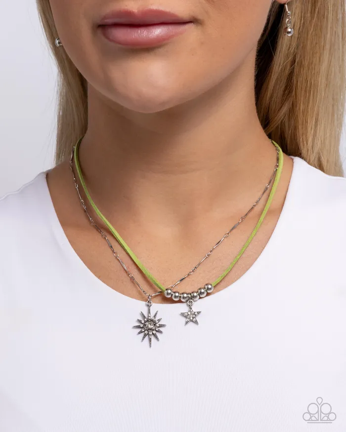 Necklaces Paparazzi Accessories Stellar Sojourn Green Leather Cord Silver Star Layered Short Necklace Paparazzi