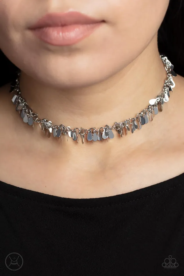 Necklaces Paparazzi Accessories Surreal Shimmer Silver Teardrop Fringe Choker Necklace Paparazzi