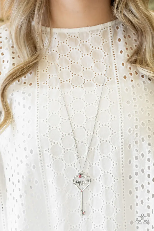 Necklaces Paparazzi Accessories The Key to Moms Heart Paparazzi Pink Rhinestone Silver Filigree Key Pendant Necklace