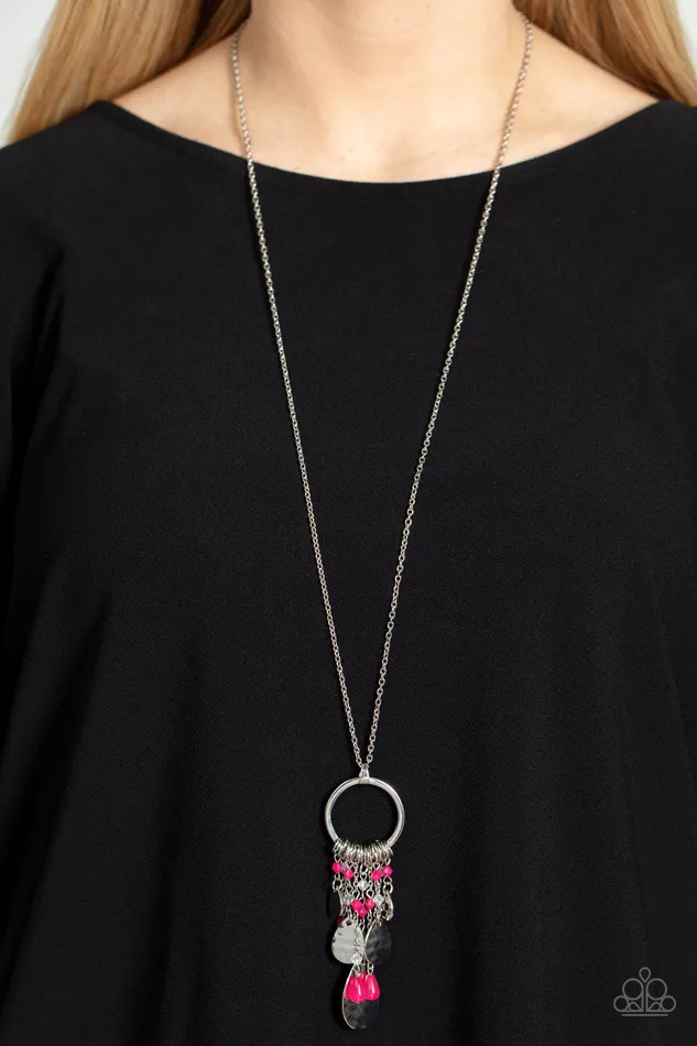 Necklaces Paparazzi Accessories Totally Trolling Pink Bead Silver Fringe Necklace Paparazzi