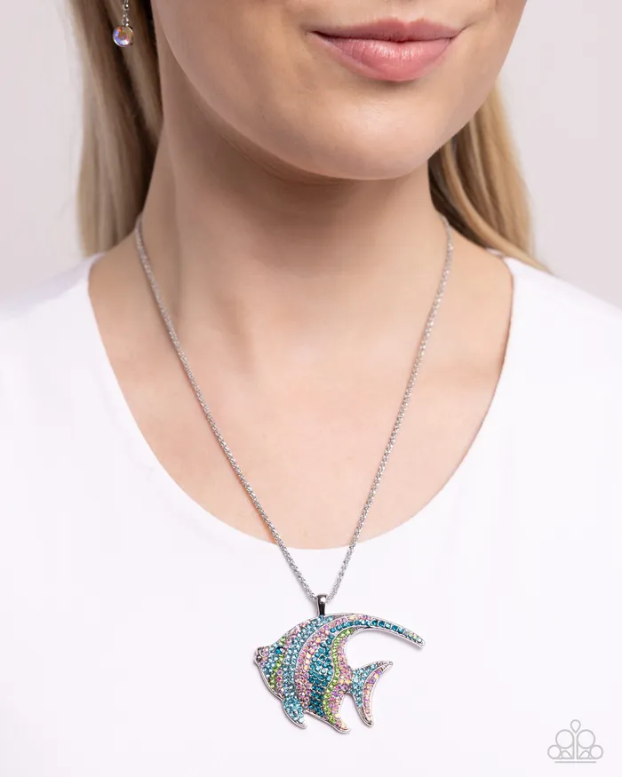 Necklaces Paparazzi Accessories Tropical Talent Multi Iridescent Blue Green Rhinestone Silver Fish Short Necklace Paparazzi