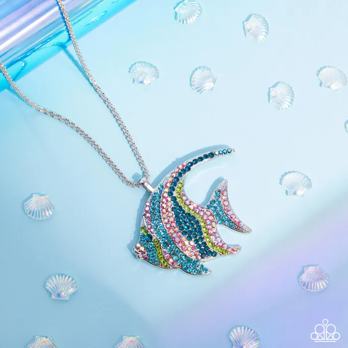 Necklaces Paparazzi Accessories Tropical Talent Multi Iridescent Blue Green Rhinestone Silver Fish Short Necklace Paparazzi