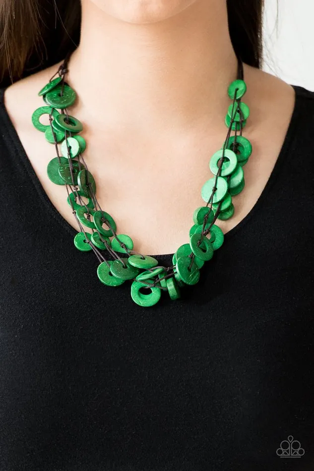 Necklaces Paparazzi Accessories Wonderfully Walla Walla Green Wooden Circle Brown Cord Layered Short Necklace Paparazzi