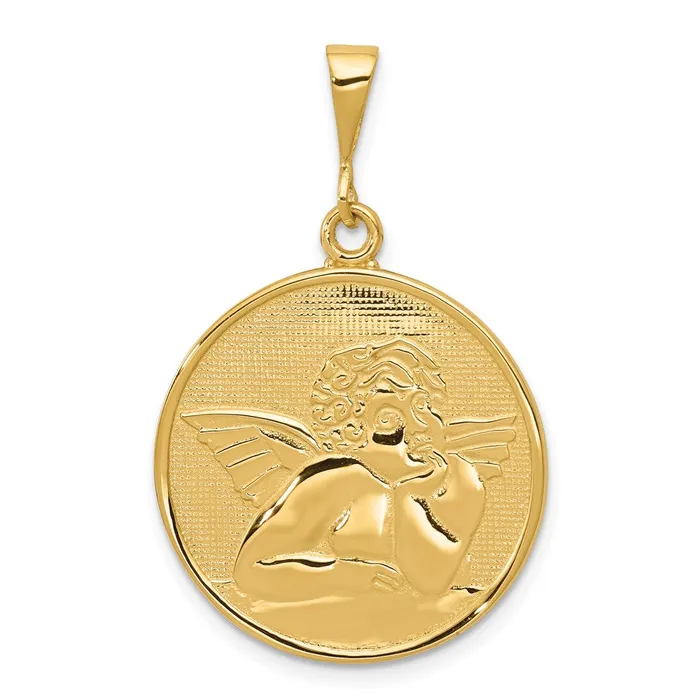 Necklaces Qgold 14k Yellow Gold 22 mm Polished and Satin Angel Pendant 351 grams Necklaces Qgold 14k Yellow Gold 22 mm Polished and Satin Angel Pendant 351 grams