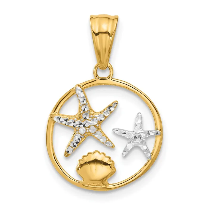 Necklaces Qgold 14k Yellow Rhodium 157 mm Diamond Cut Starfish Seashell in Circle Pendant 126 grams Necklaces Qgold 14k Yellow Rhodium 157 mm Diamond Cut Starfish Seashell in Circle Pendant 126 grams