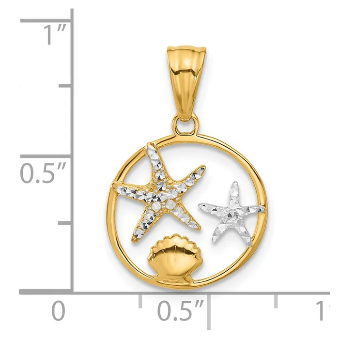 Necklaces Qgold 14k Yellow Rhodium 157 mm Diamond Cut Starfish Seashell in Circle Pendant 126 grams Necklaces Qgold 14k Yellow Rhodium 157 mm Diamond Cut Starfish Seashell in Circle Pendant 126 grams