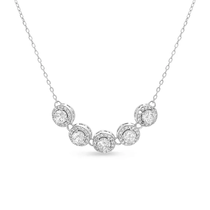Necklaces Silver CZ Round with CZ Halo 5 Station Cable Chain Necklace Noblepack CA Necklaces Silver CZ Round with CZ Halo 5 Station Cable Chain Necklace Noblepack CA