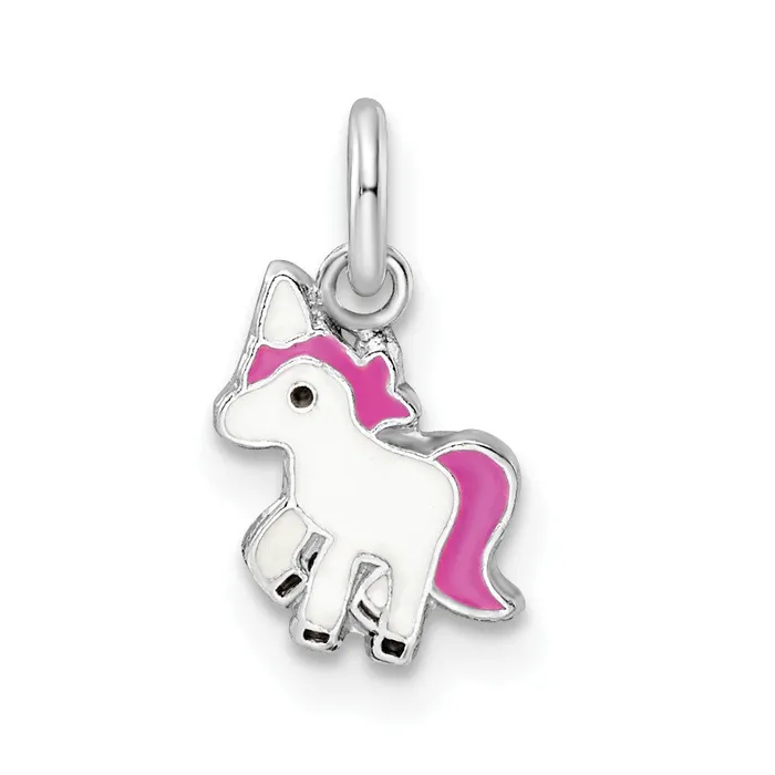 Necklaces Sterling Silver RHpltd PinkWhiteBlack Enamel Unicorn Childrens Pendant 042 grams Qgold Necklaces Sterling Silver RHpltd PinkWhiteBlack Enamel Unicorn Childrens Pendant 042 grams Qgold