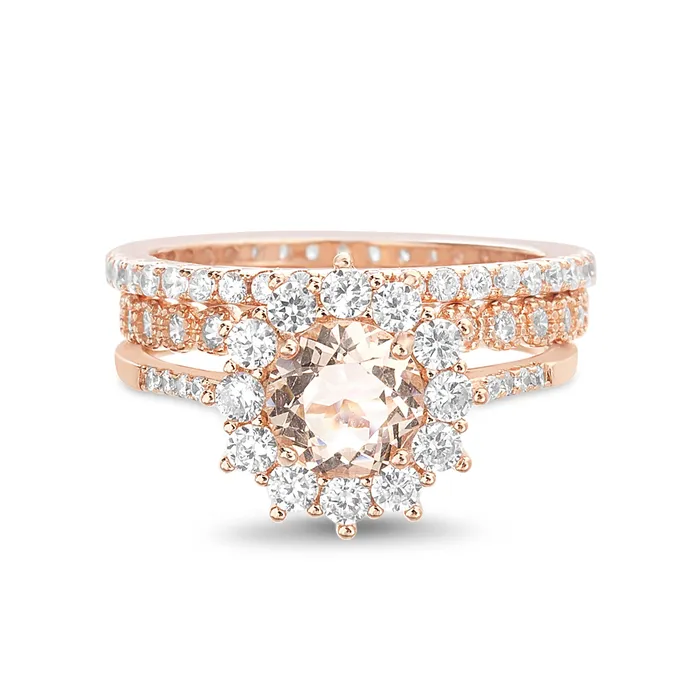 Noblepack CA Rings Rose Morganite and Clear CZ Border Floral Design Trio Ring Set Noblepack CA Rings Rose Morganite and Clear CZ Border Floral Design Trio Ring Set