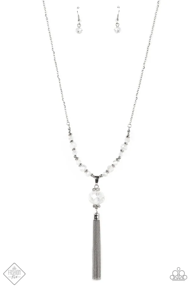 One SWAY or Another White Iridescent Bead Silver Tassel Necklace Paparazzi Fashion Fix August 2022 Paparazzi Accessories Necklaces One SWAY or Another White Iridescent Bead Silver Tassel Necklace Paparazzi Fashion Fix August 2022 Paparazzi Accessories Necklaces