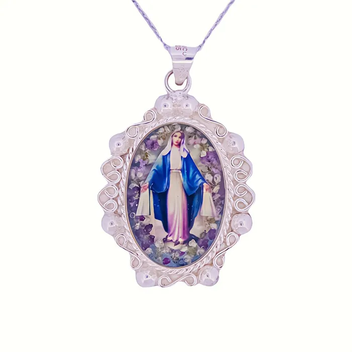 Our Lady of Grace Small Baroque Necklace w Pressed Flowers 18inch MEXICO Necklaces Our Lady of Grace Small Baroque Necklace w Pressed Flowers 18inch MEXICO Necklaces