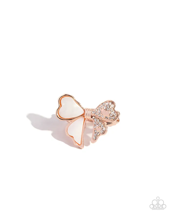 Paparazzi Accessories BOWstopper Rose Gold White Shell and Rhinestone Bow Ring Paparazzi Rings Paparazzi Accessories BOWstopper Rose Gold White Shell and Rhinestone Bow Ring Paparazzi Rings
