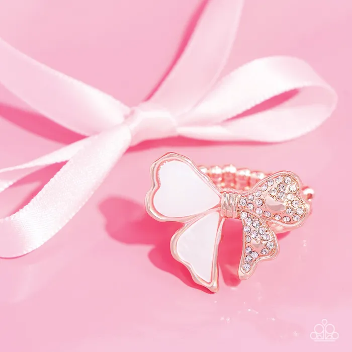 Paparazzi Accessories BOWstopper Rose Gold White Shell and Rhinestone Bow Ring Paparazzi Rings