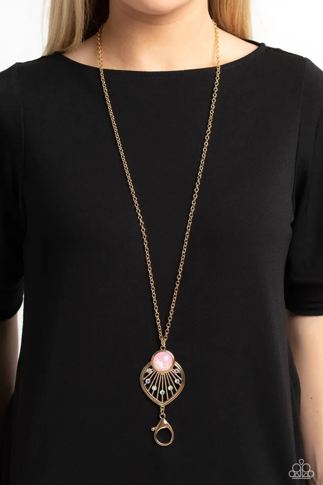 Paparazzi Accessories Celestial Charisma Gold Pink Opalescent Bead Iridescent Rhinestone Lanyard Necklace Paparazzi Necklaces