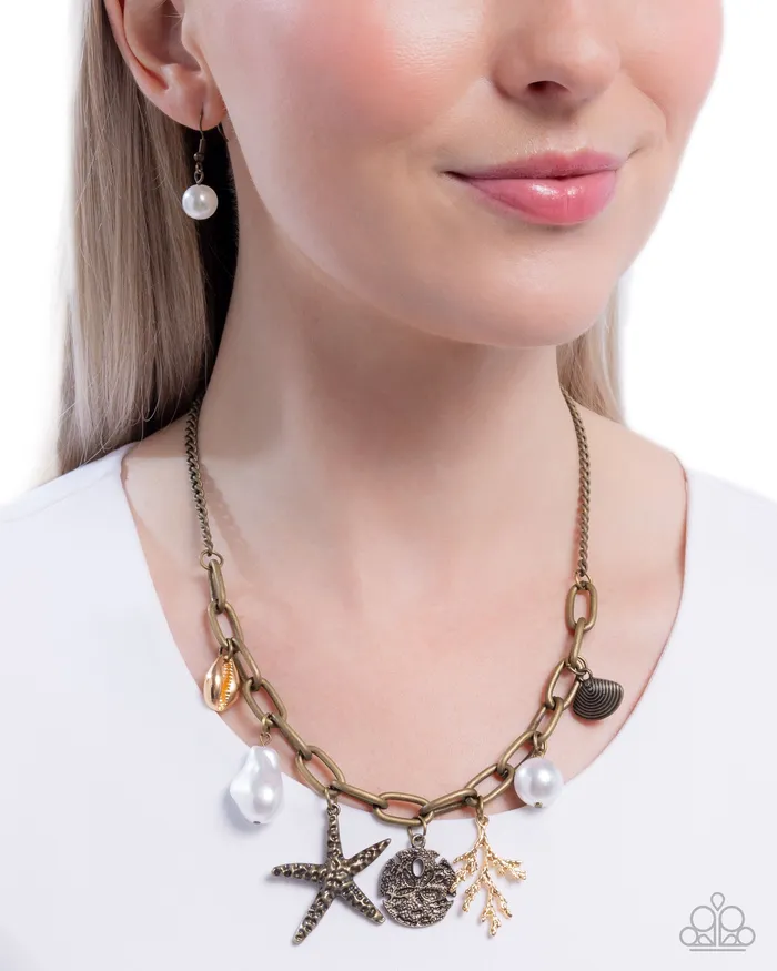 Paparazzi Accessories Coral Collection Brass Starfish Shell Pearl Beachy Short Necklace Paparazzi Necklaces