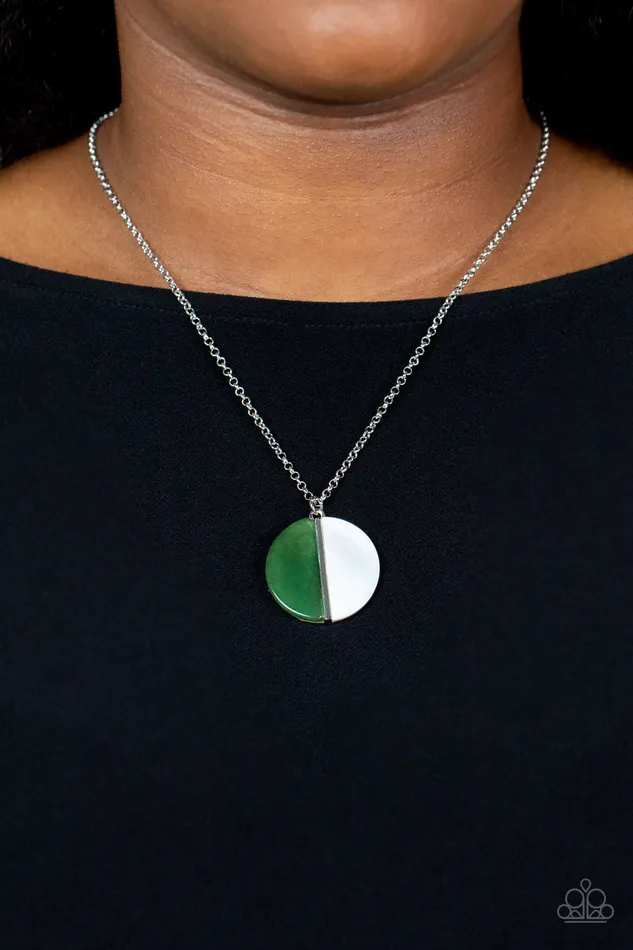 Paparazzi Accessories Elegantly Eclipsed Green Jade and White Shelllike Circle Silver Necklace Paparazzi Necklaces