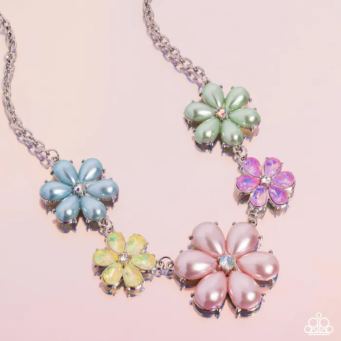 Paparazzi Accessories Fiercely Flowering Multi Color Pearl Flower Silver Short Necklace Bring Back Exclusive Paparazzi Necklaces