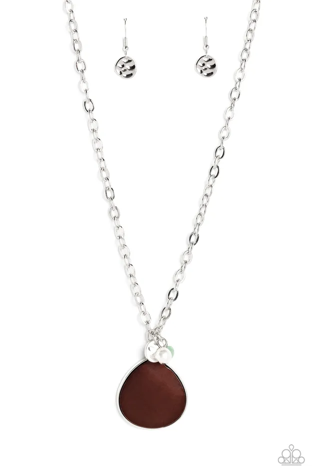 Paparazzi Accessories I Put A SHELL On You Brown Disc Pearl Jade Stone Silver Short Necklace Paparazzi Necklaces