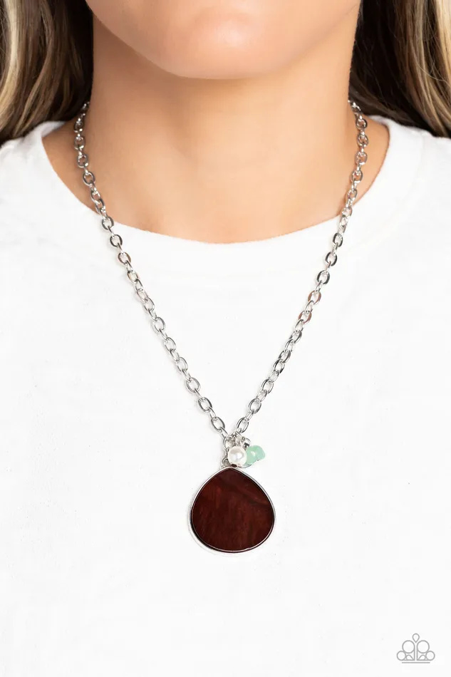 Paparazzi Accessories I Put A SHELL On You Brown Disc Pearl Jade Stone Silver Short Necklace Paparazzi Necklaces