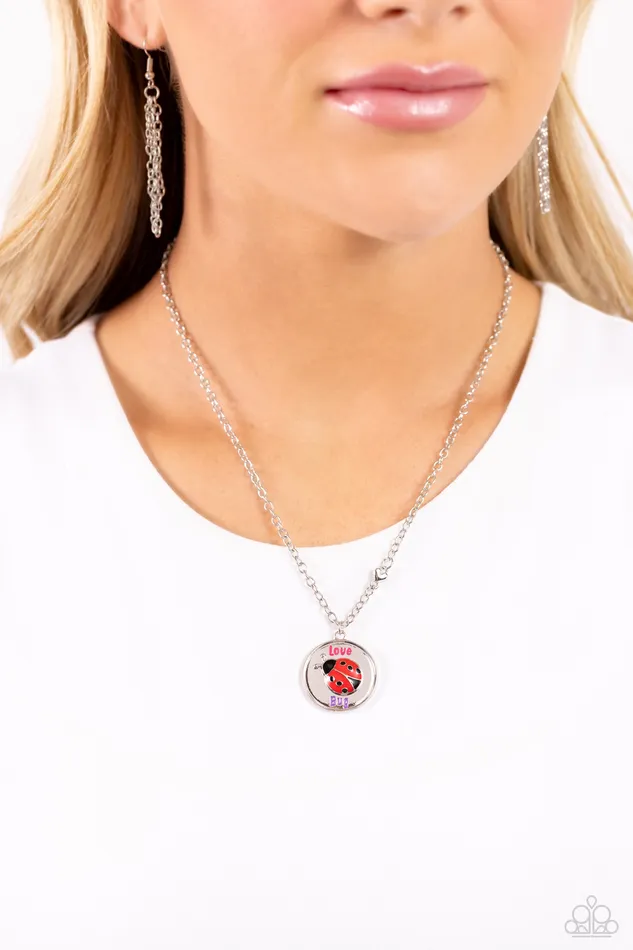 Paparazzi Accessories Lively Love Bug Pink Ladybug Affirmation Silver Short Necklace Paparazzi Necklaces