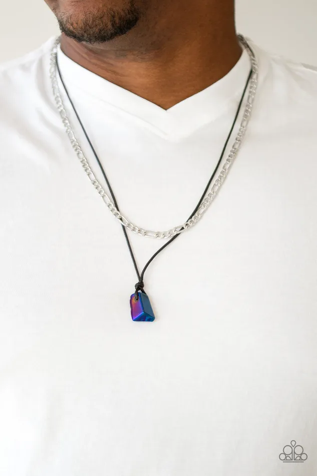 Paparazzi Accessories Lookin Slick Paparazzi Blue Oil Slick Rock Black Cord Silver Chain Urban Necklace Necklaces