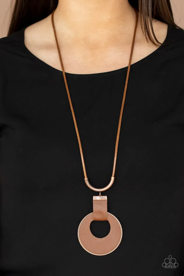 Paparazzi Accessories Luxe Crush Copper Disc Brown Leather Cord Necklace Paparazzi Necklaces
