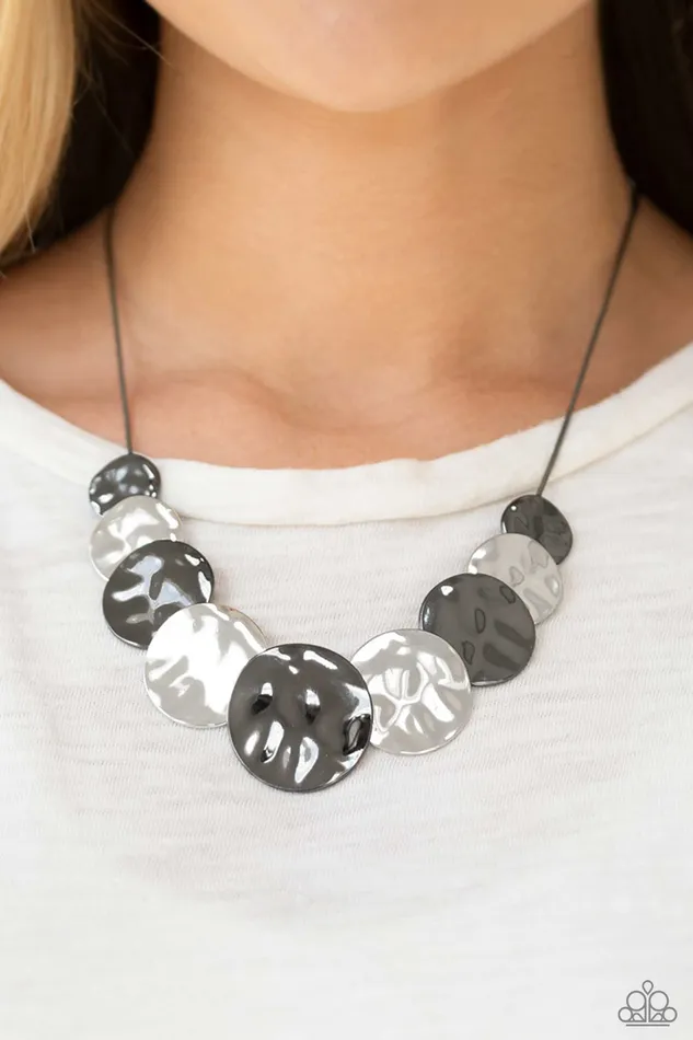 Paparazzi Accessories Necklaces A Daring DISCovery Black Gunmetal and Silver Disc Necklace Paparazzi