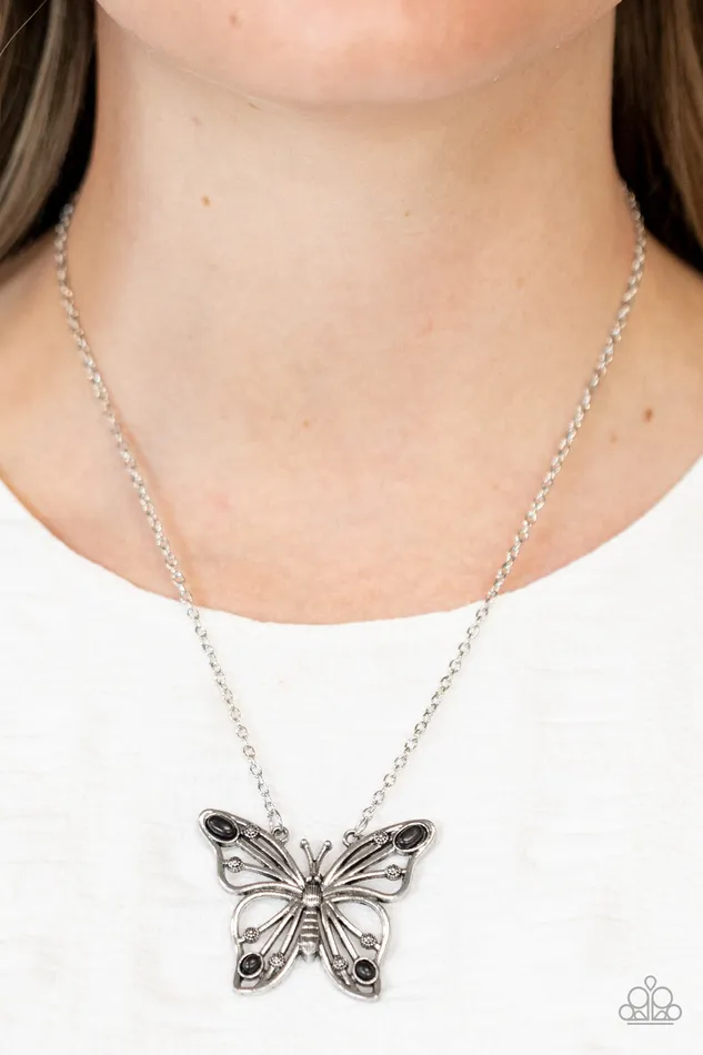 Paparazzi Accessories Necklaces Badlands Butterfly Black Stone Silver Butterfly Necklace Paparazzi