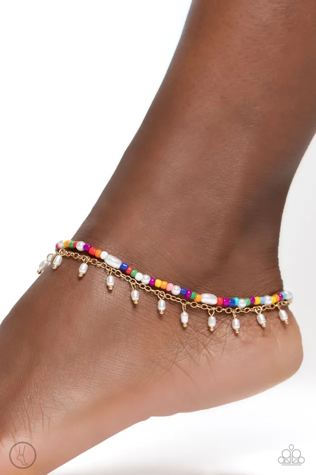 Paparazzi Accessories Necklaces Beachfront Backdrop Gold Chain White Pearl Multi Color Seed Bead Anklet Paparazzi