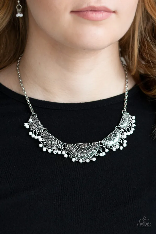 Paparazzi Accessories Necklaces Boho Baby White Bead Silver Crescent Necklace Paparazzi