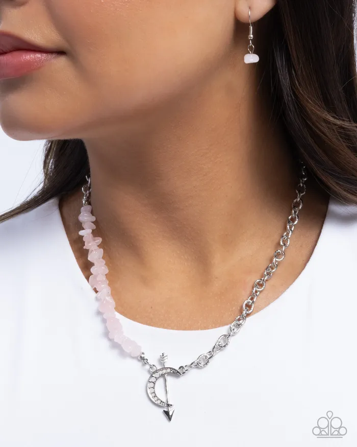 Paparazzi Accessories Necklaces Chiseled Confidence Pink Stone Silver Moon Arrow Short Necklace Paparazzi