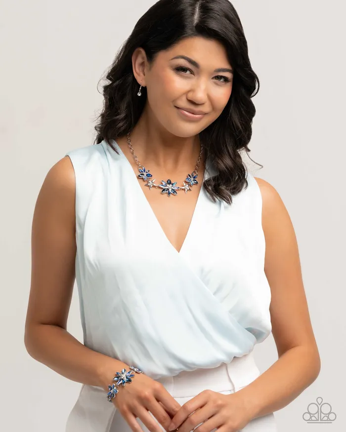 Paparazzi Accessories Necklaces Complete Look Floral Feature Necklace and Floral Factor Bracelet Blue Flower Silver 2Piece Set Paparazzi