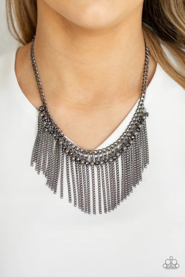 Paparazzi Accessories Necklaces Divinely Diva Blue Crystallike Bead Gun Metal Fringe Necklace Paparazzi