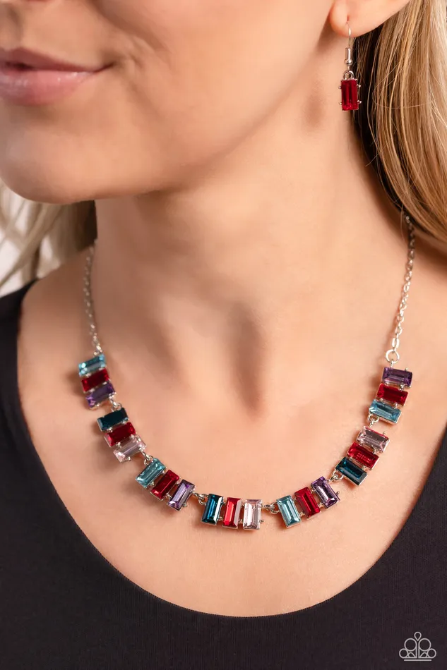Paparazzi Accessories Necklaces Elite Emeralds Red Blue Purple Pink Gem Silver Short Necklace Paparazzi