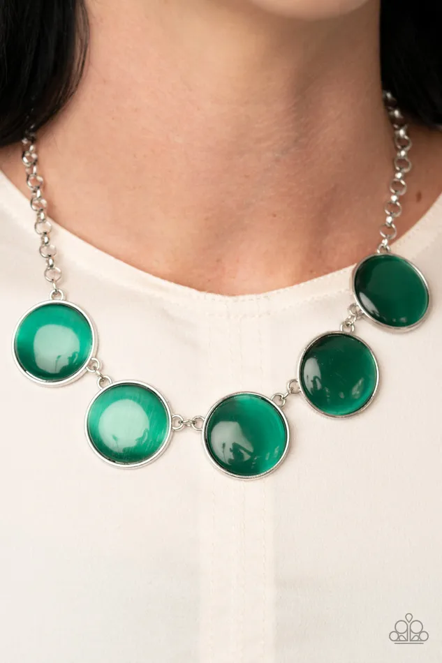 Paparazzi Accessories Necklaces Ethereal Escape Green Cats Eye Silver Circle Necklace Paparazzi