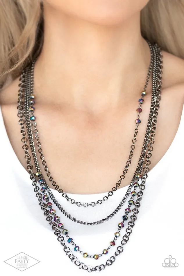 Paparazzi Accessories Necklaces Flickering Lights Multi Oil Spill Gunmetal Chain Layered Necklace LOP Exclusive Paparazzi