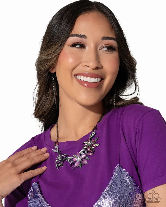 Paparazzi Accessories Necklaces Floral Protocol Multi Pink Purple Green Flower Gunmetal Short Necklace Paparazzi Life of the Party November 2024
