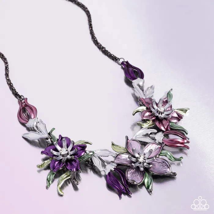 Paparazzi Accessories Necklaces Floral Protocol Multi Pink Purple Green Flower Gunmetal Short Necklace Paparazzi Life of the Party November 2024