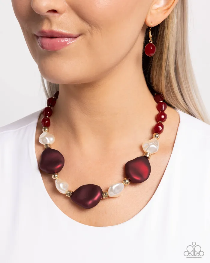 Paparazzi Accessories Necklaces Forever Feature Red Wine Bead White Pearl Gold Short Necklace Paparazzi