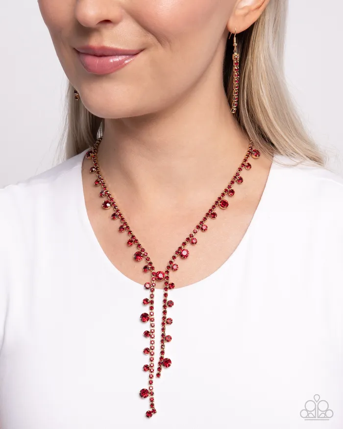 Paparazzi Accessories Necklaces Glittery Getaway Red Rhinestonne Gold Y Short Necklace Paparazzi