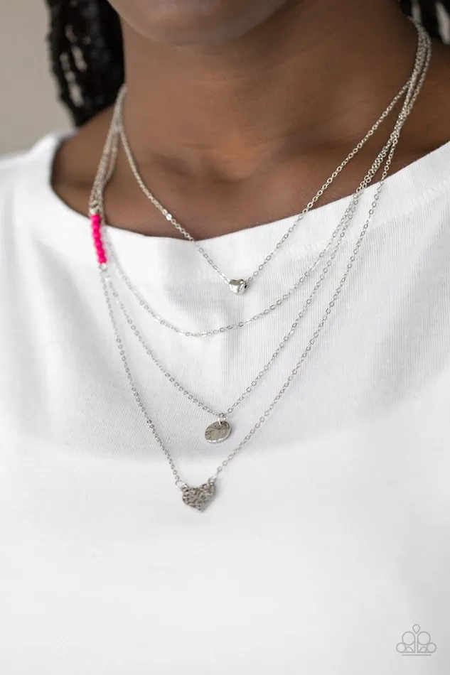 Paparazzi Accessories Necklaces Gypsy Heart Pink Bead Silver Heart Layered Necklace Paparazzi