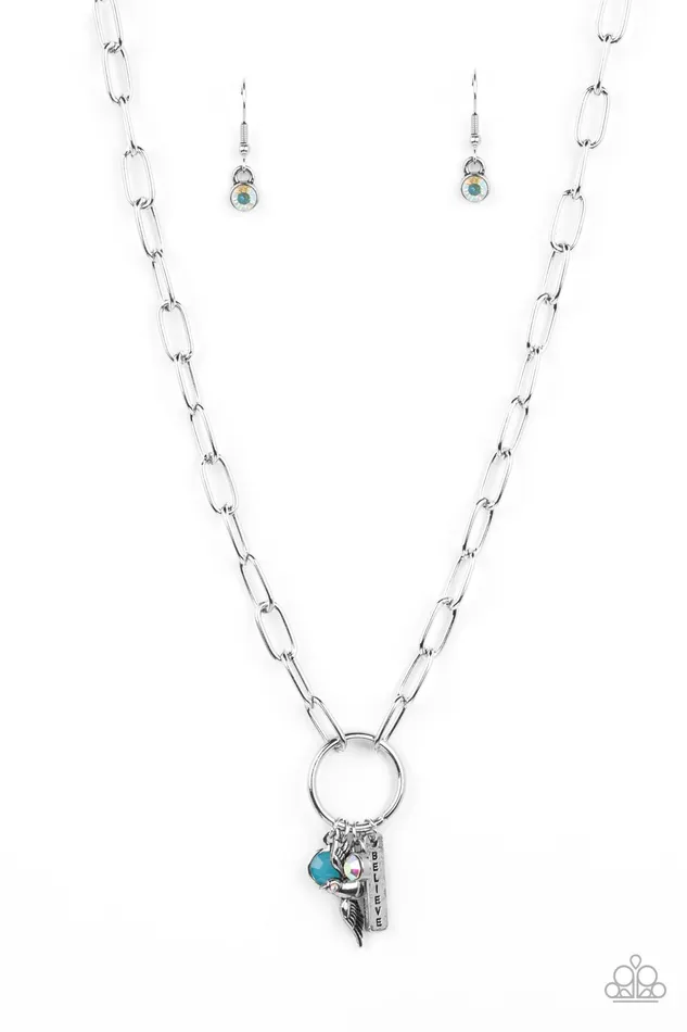 Paparazzi Accessories Necklaces Inspired Songbird Blue and Iridescent Silver Bird Charm Believe Necklace Paparazzi