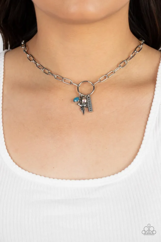 Paparazzi Accessories Necklaces Inspired Songbird Blue and Iridescent Silver Bird Charm Believe Necklace Paparazzi