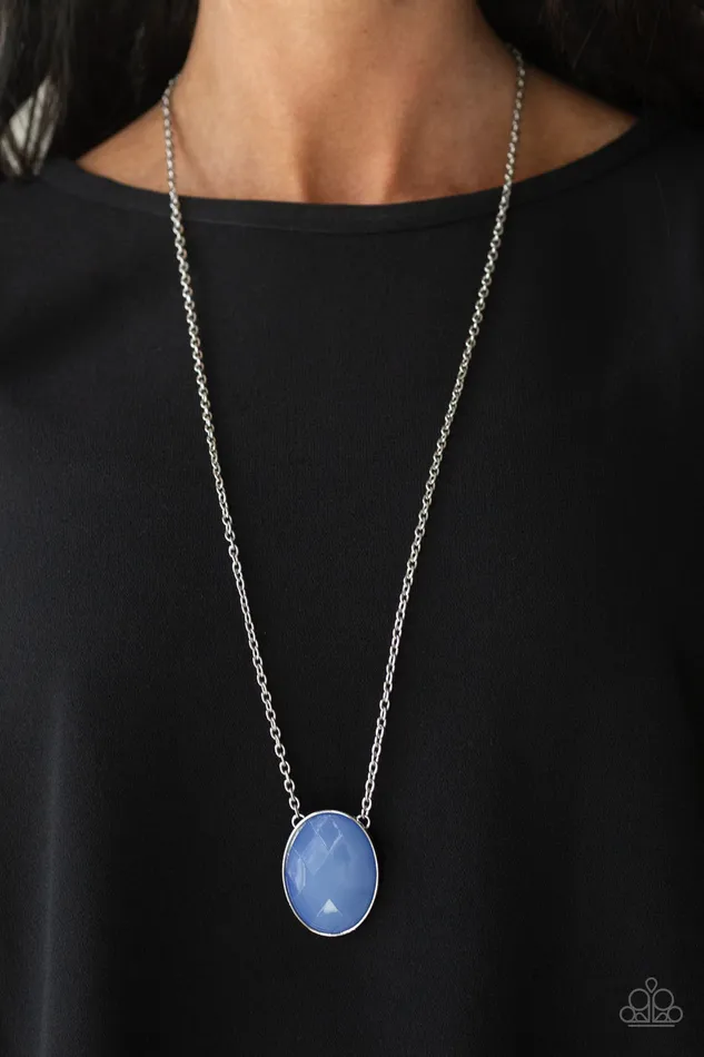 Paparazzi Accessories Necklaces Intensely Illuminated Blue Glassy Faceted Bead Silver Oval Frame Necklace