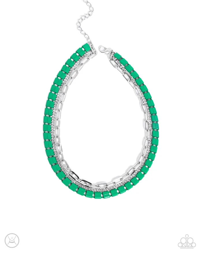 Paparazzi Accessories Necklaces LAYER of the Year Green and Silver Link Layered Choker Necklace Paparazzi Paparazzi Accessories Necklaces LAYER of the Year Green and Silver Link Layered Choker Necklace Paparazzi